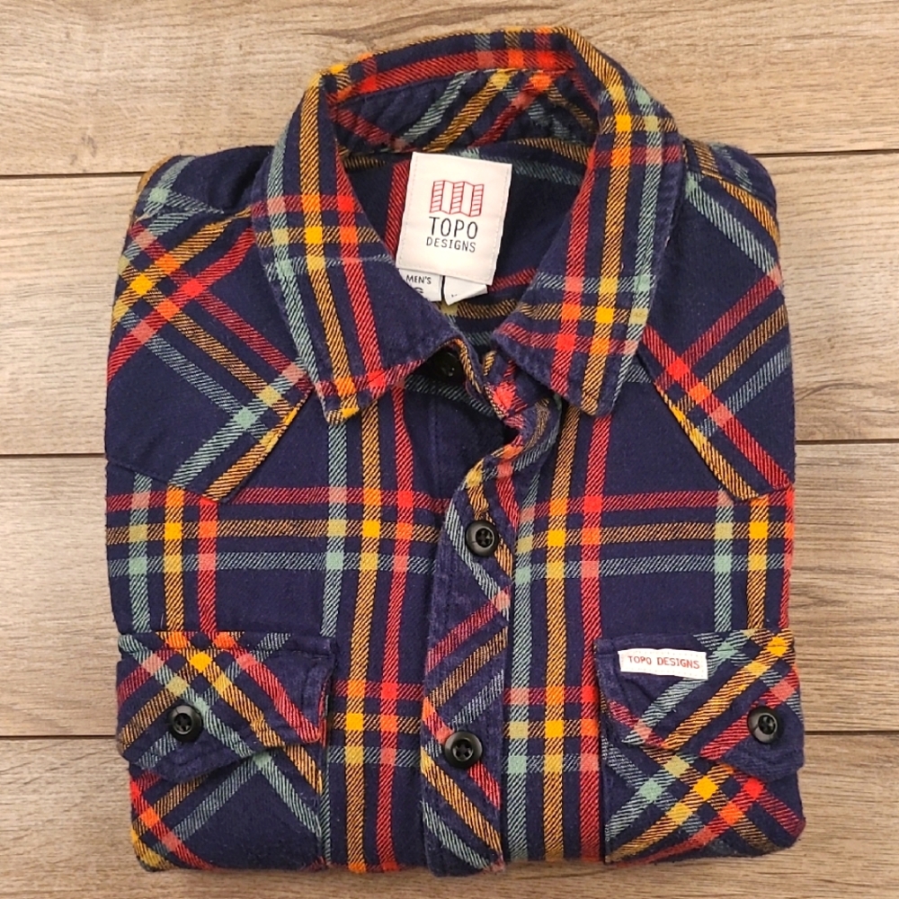 TOPO DESIGNS Dark Navy Multicolor Plaid‎ Flannel Cotton S Mens Long Sleeve Shirt